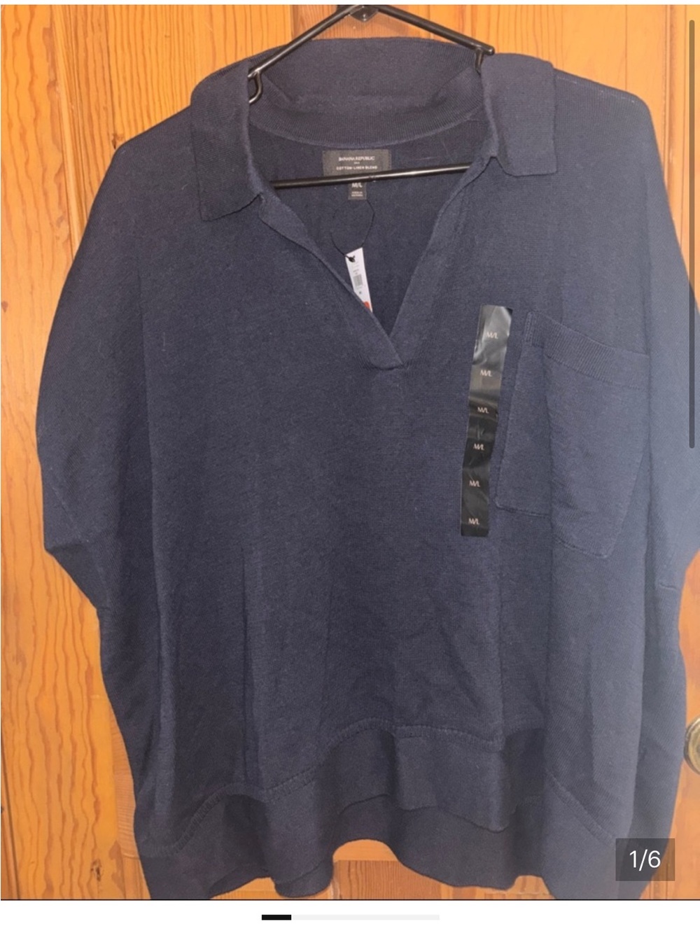 NWT Banana Republic Cotton Linen Polo Sweater Top Navy Blue M/L